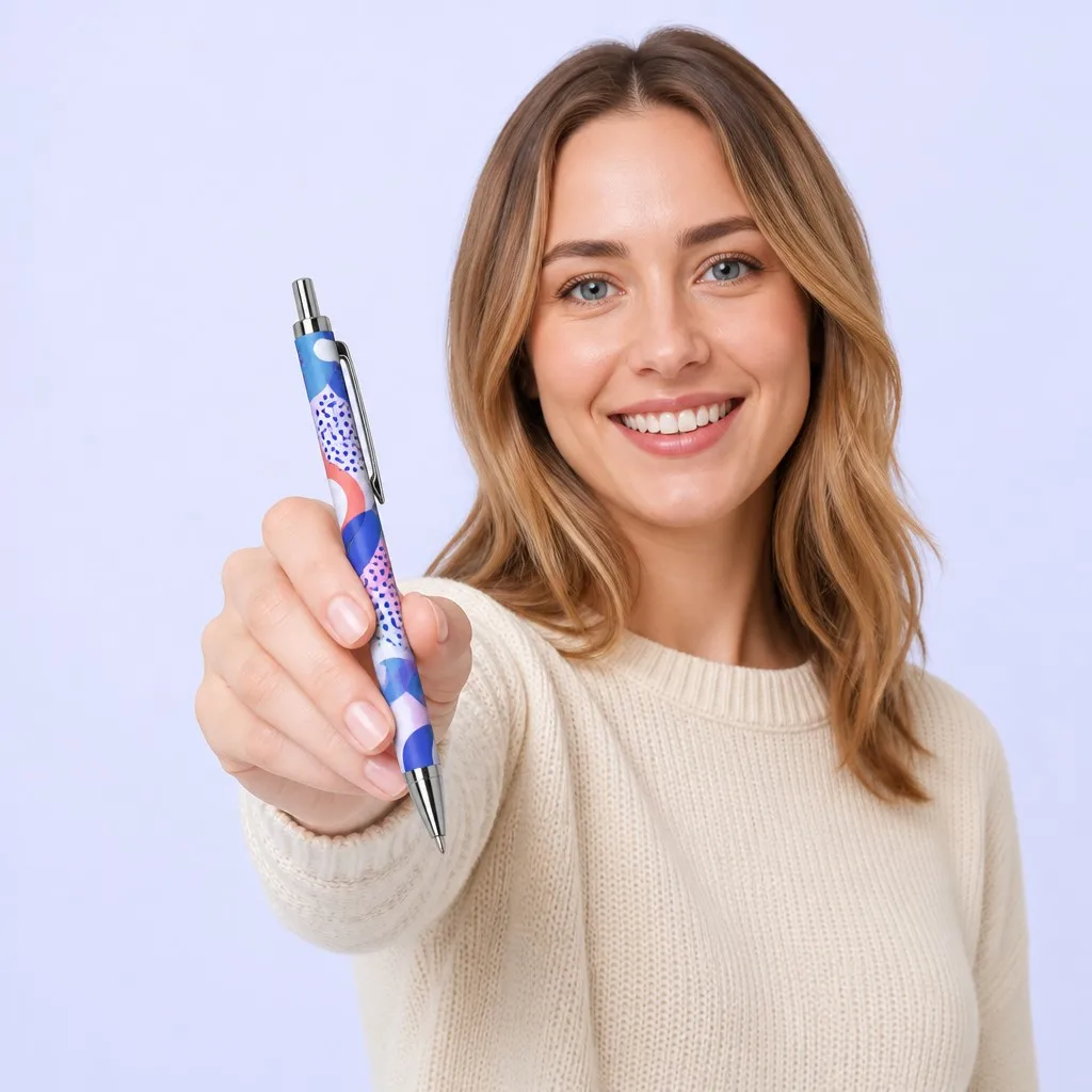 A person holding a bold patterned pen for everyday use