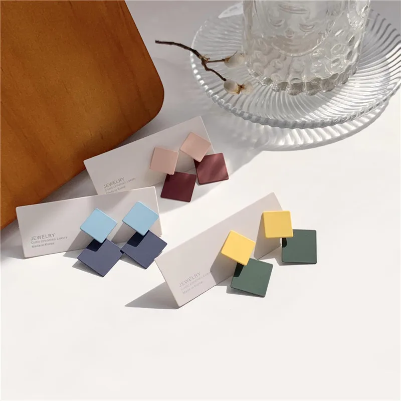 

JUHU New S925 Silver Needle Temperament Simple Niche Geometric Square Contrasting Color Earrings Alloy Jewelry Wholesale, Colorful