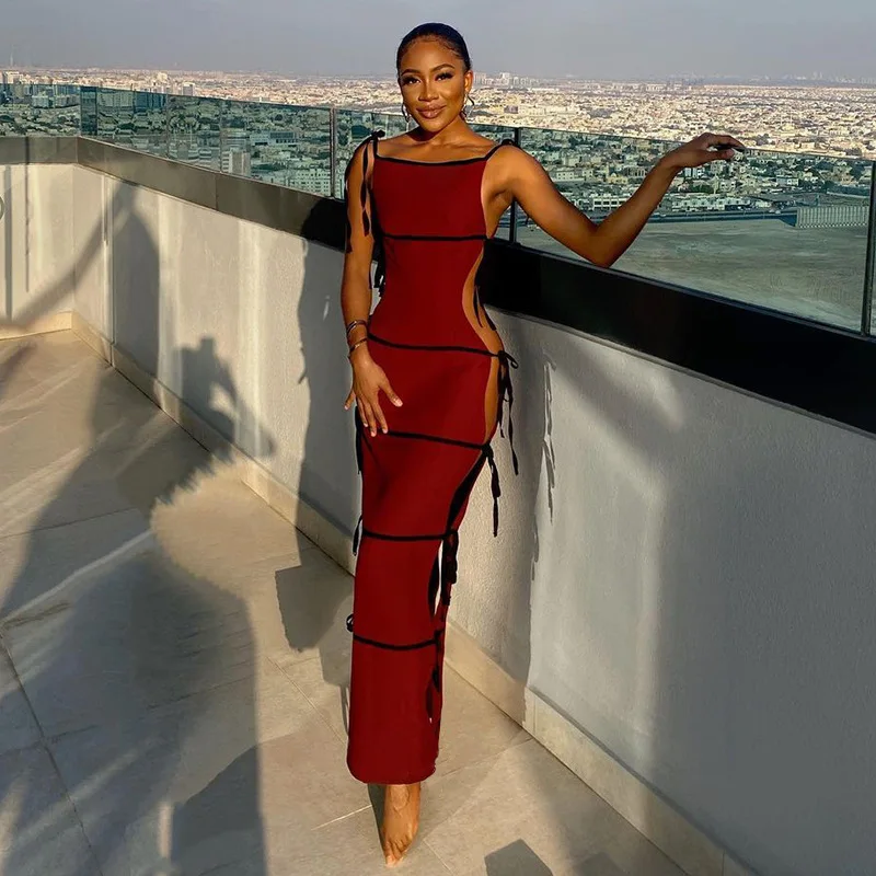 

K21DS135 korean satin stylish sexy red vintage women chic dress, Picture color