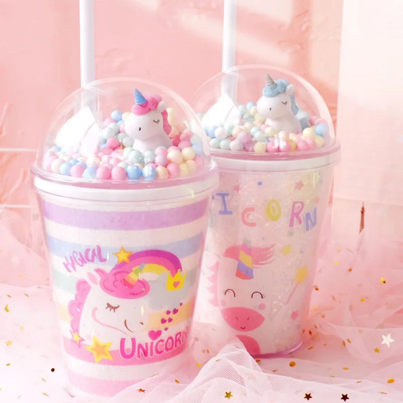 

Seaygift Funny cartoon perfect gift cute unicorn mug unique creative rainbow ice cream plastic coffee cup with straw, Pink