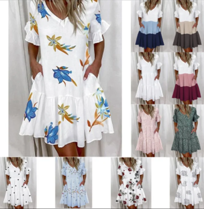 

Liu Ming 2022 New Sexy V Neck Women Short Sleeve Print Patchwork Ruffle Loose Boho Beach Dresses, Customized color