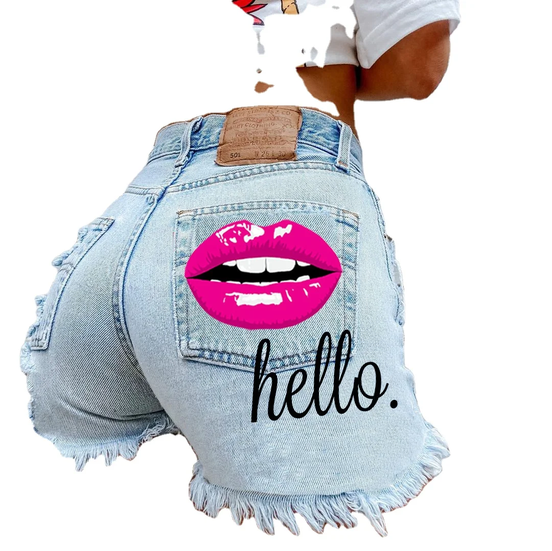 

Letter lips foreign trade denim shorts summer girls casual denim shorts