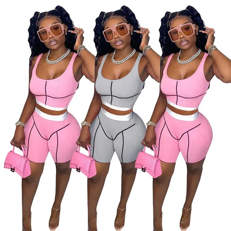 

2021 New arrival Biker Shorts Ribbed Set Two Piece Tracksuit Shorts Workout Clothing Women Biker Shorts Cotton Matching