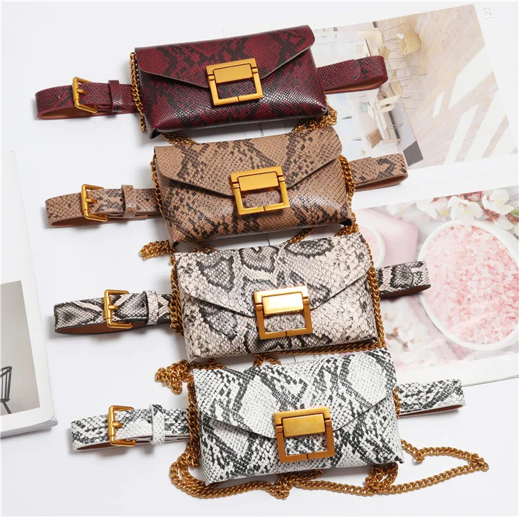 

High quality 2019 waist pack chain women lady snake skin fanny pack waist messenger bag, Colorful