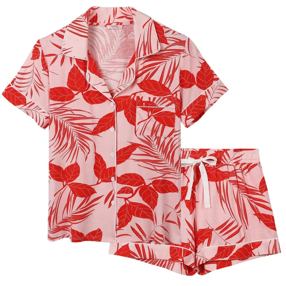 

OEM Button-Up Red Shirt& Bamboo Leaf Pants Pajamas Women Short Sleeve Womens Sleepwear