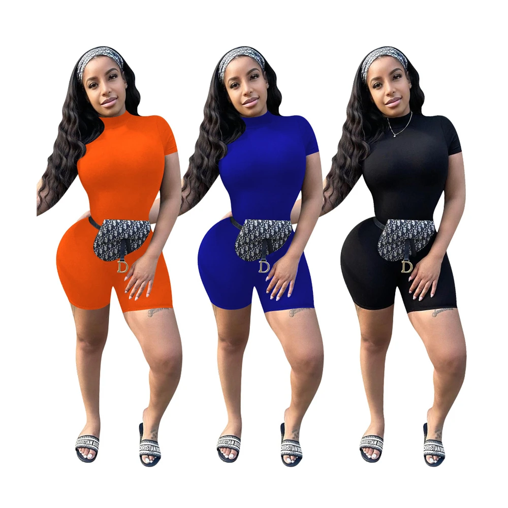 

Newest Solid Color Custom Logo Print Bodycon Jumpsuit For Women Short Sleeve Round Neck Tops Shorts Skinny One Piece Romper