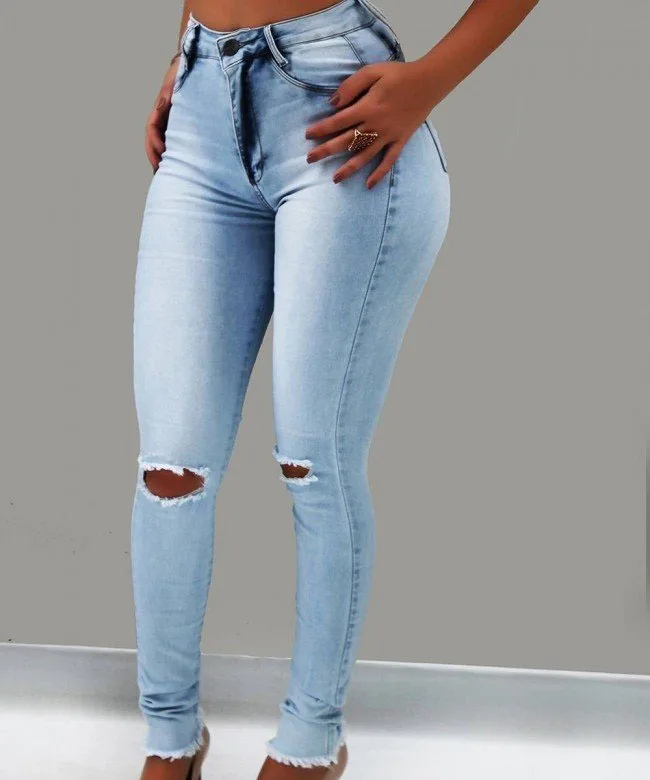 

2020 New Style High Waist Stretch Skinny Light Blue Plus Size Jeans Pants For Women