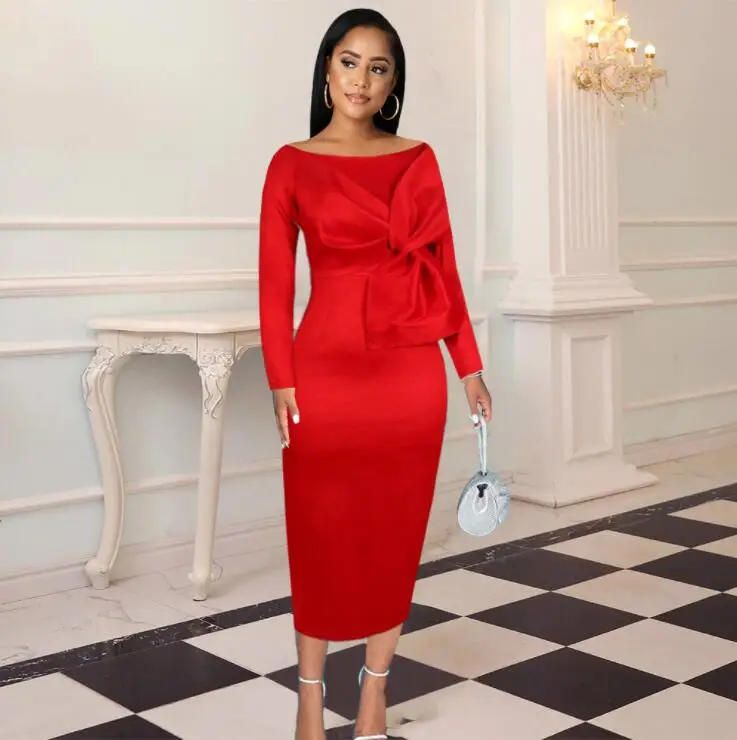 

2022 Autumn Cute Red AOMEI Bowtie Christmas African Lady Evening Dress