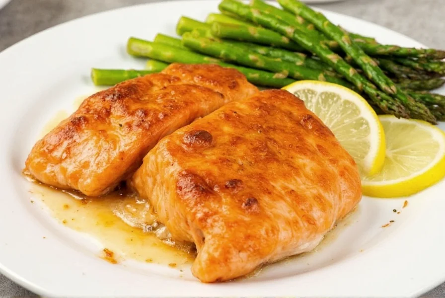 Honey-cayenne glazed salmon on white plate with lemon wedges and asparagus