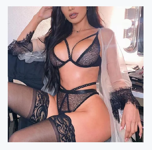 

AYP0147 sexy underwear three-point suit black sexy lace breathable silk suspenders pajamas two-piece set bra panties