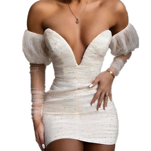 

2020 fashion casual fall long sleeves bodycon low v neck elegant sequined white sexy party club mini dress outfit for women girl, As the picture