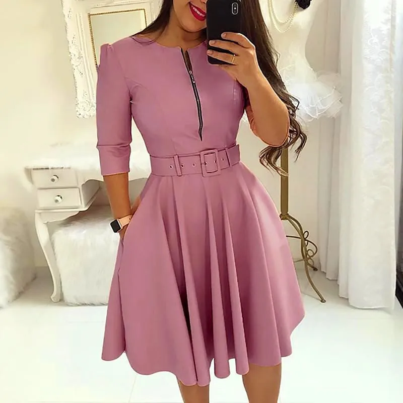 

O-neck solid color zipper tie pleated casual office solid color dress