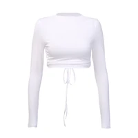 

Black White Lace Up Backless Sexy T-shirt Long Sleeve Women Cropped Tops Round Neck Streetwear t Shirts Summer Autumn