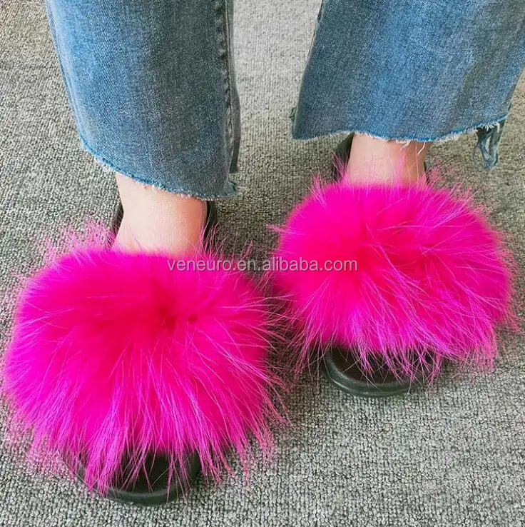 

Wholesale new PVC women real raccoon fur slippers summer shoes outdoor slider sandals furry slides, Customized color