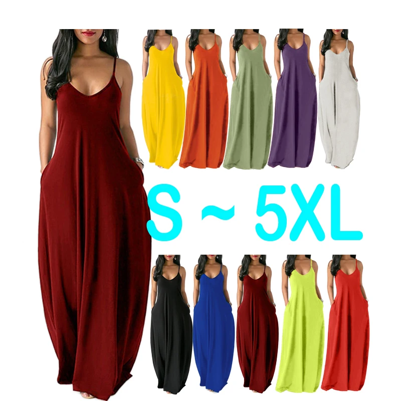 

2021 Plus Size 5XL Woman Dress Summer Casual Maxi Dress Solid V Neck Homewear Adjustable Spaghetti Strap Top Casual Dress