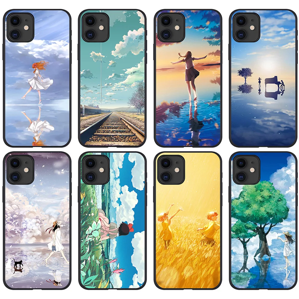 

Japanese Primitive Style Animation Illustration Art Girl Scenery Mobile Phone Soft TPU Cover for iPhone12, Customised