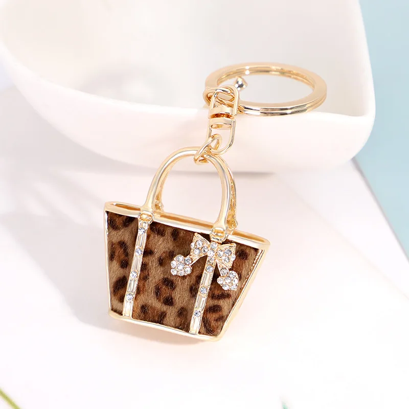 

Creative Mini Metal Leopard Print Bag Charm Keyring Crystal Rhinestones Bag Pendant Key Chain