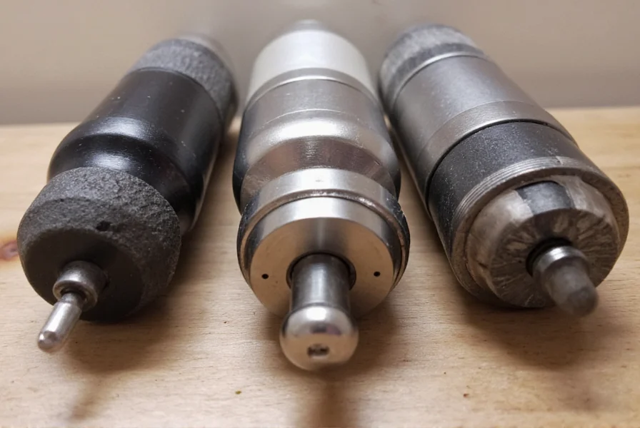 Close-up view of different pepper mill grinding mechanisms showing ceramic, stainless steel, and carbon steel components