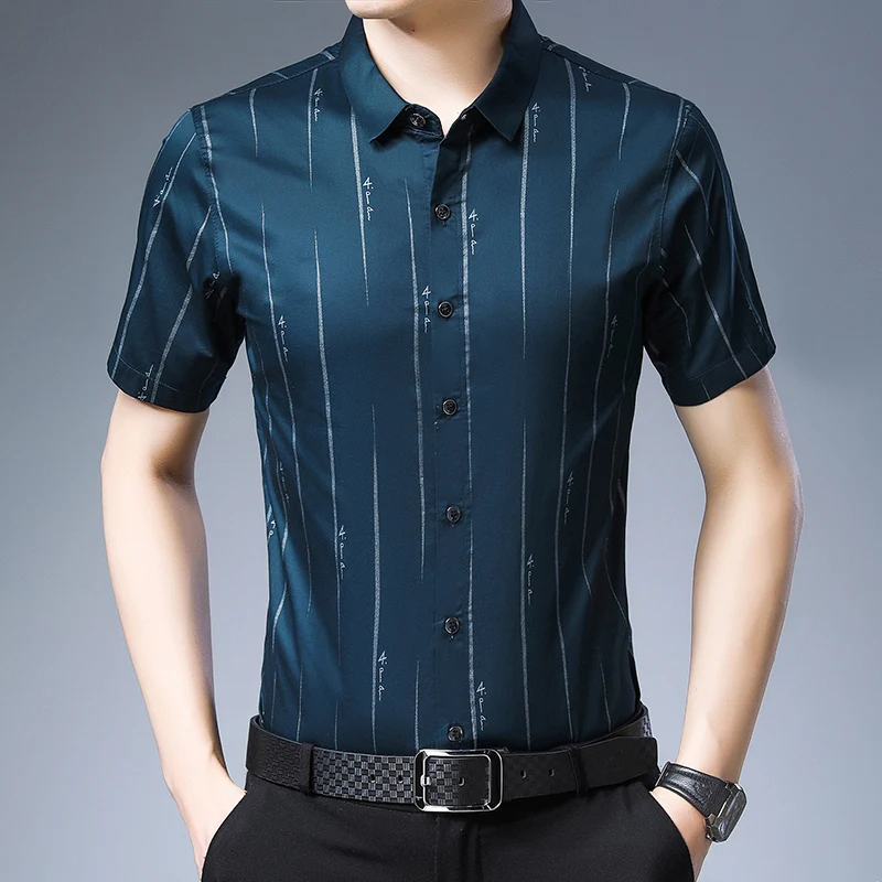 

New arrival western style man's short sleeve loose fit stripe stain shirt