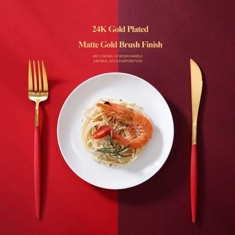 

Hongda 24K Plated Gold Head Resin Handle Golden Spoon Fork Luxury Wedding Flatware Set, Black, red