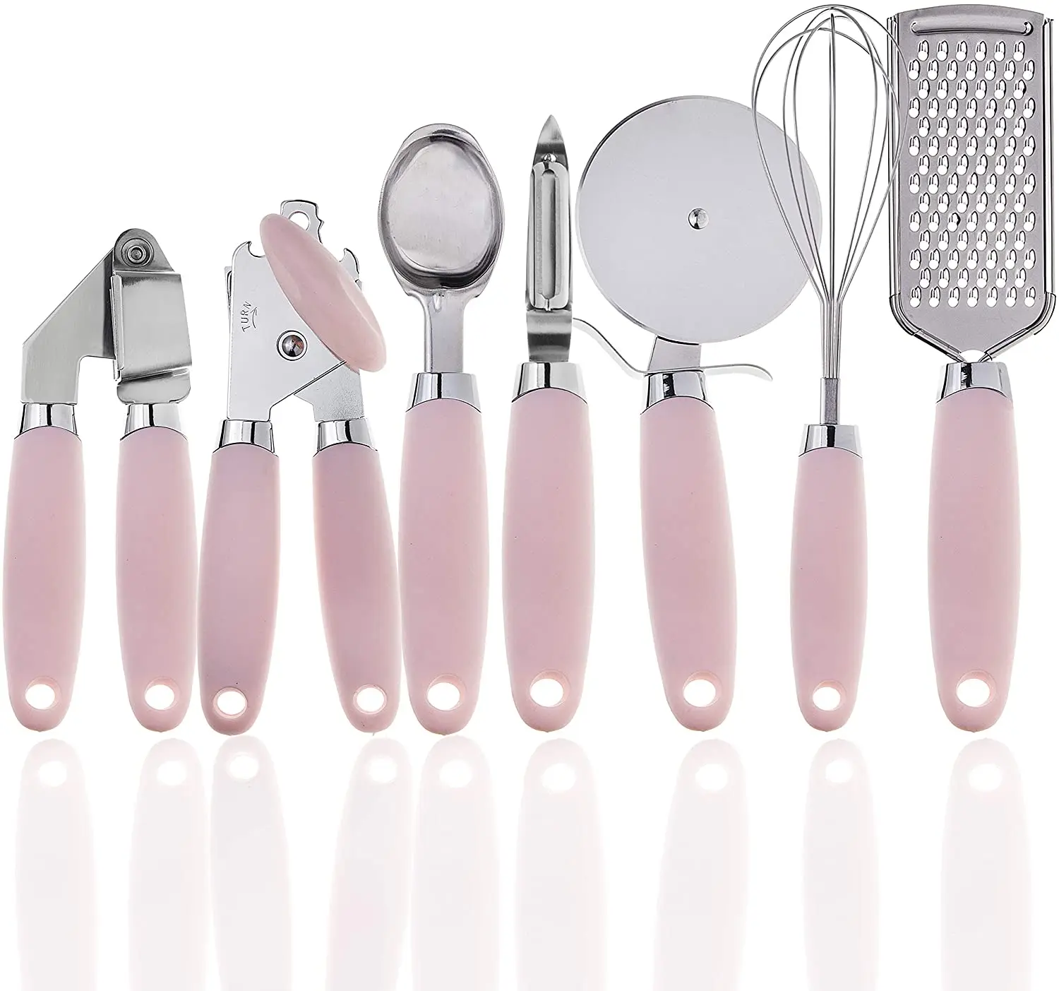 

2021 Amazon Hot Selling7 Pcs Smart Kitchen Gadget Set Pink Silver Stainless Steel Utensils with Soft Touch Handles for home