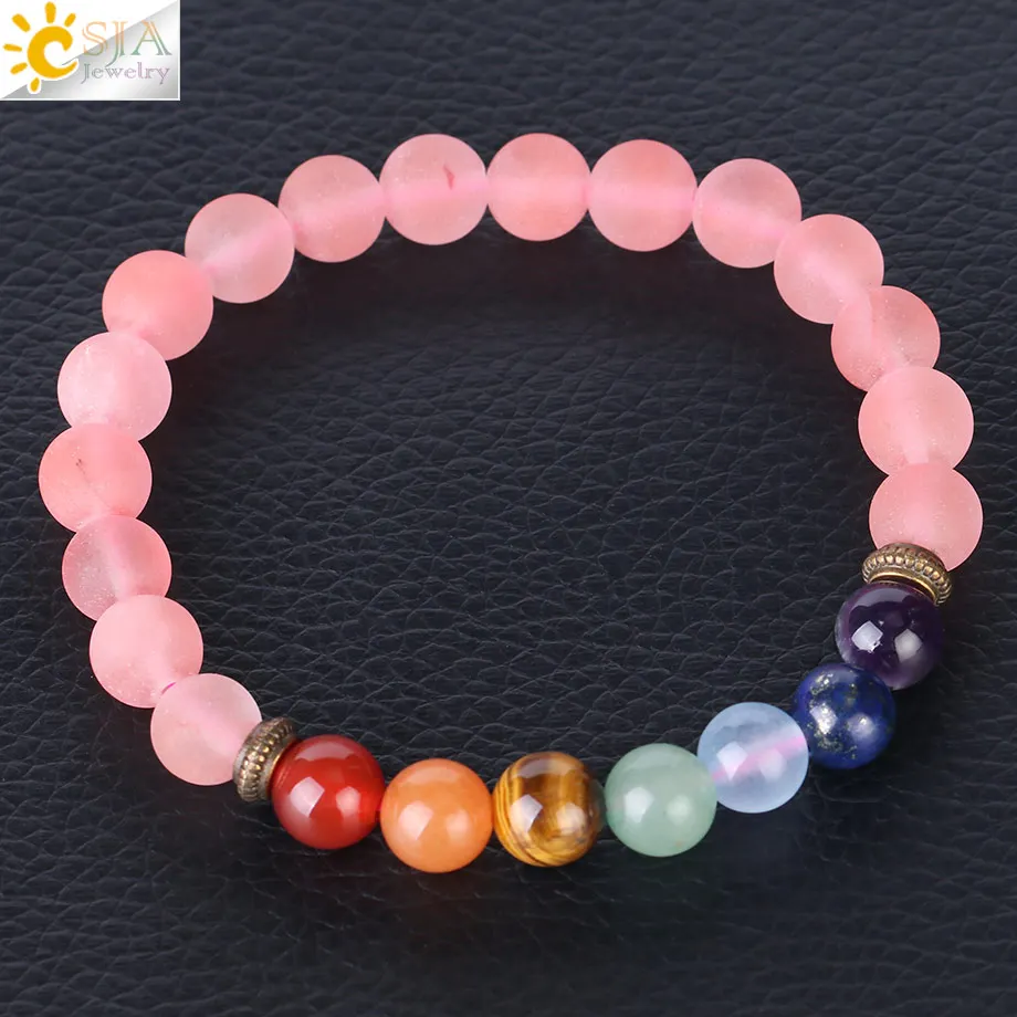 

CSJA natural 8mm frosted pink lucky stone beads 7 chakra healing bracelet elastic stretch bangle for women jewelry F381