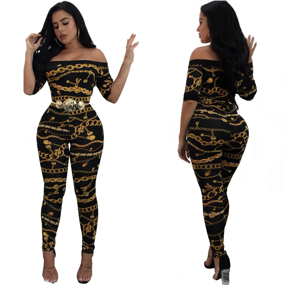 

Factory Women Gold Black Chains Printing Track Suit Office Wear Dress Off Shoulder Skinny Waist Short Sleeve Long Pants Rompers, Shown