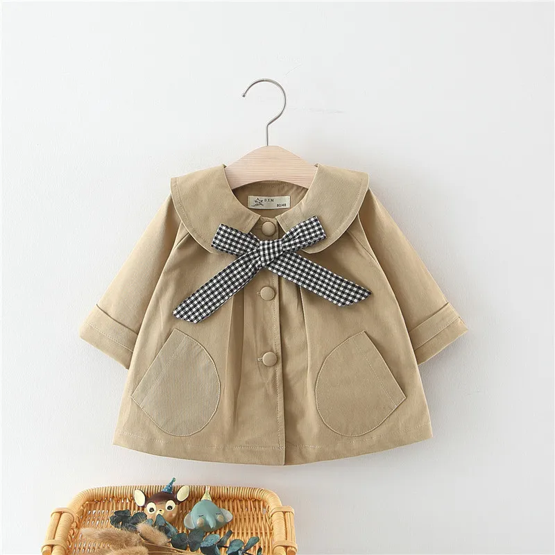 

2020 khaki new autumn solid color plaid bow tie trench baby 0-3 years old coat jacket