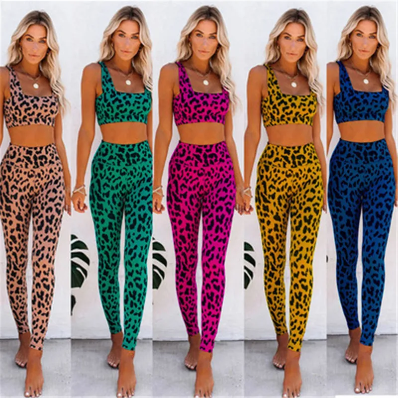 

2021 Top Popular Leopard Print High Waist Mention Hips Yoga Leggings With Tops Sweat Sport Suit Workout Bar For Sexy Women, Picture