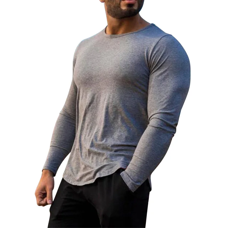 

Men's solid color fitness pure cotton T-shirt breathable sports fashion trend slim long-sleeved shirt