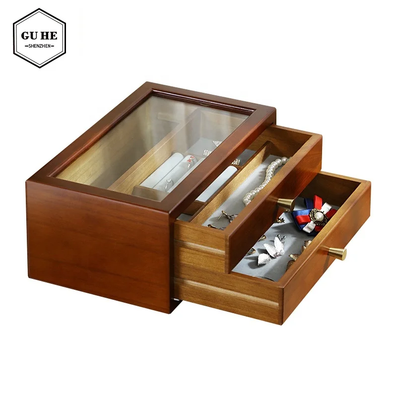 

Visual skylight Double layer storage Solid wood production Jewelry collection Necklace, ring and Earring storage Jewelry box, Brown
