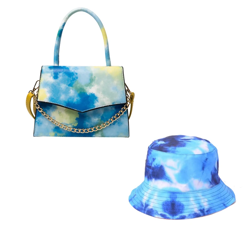 

2021 fashion colorful Tie-dye print Women hand bags Bucket Hat and Purse Set, 4 colors available