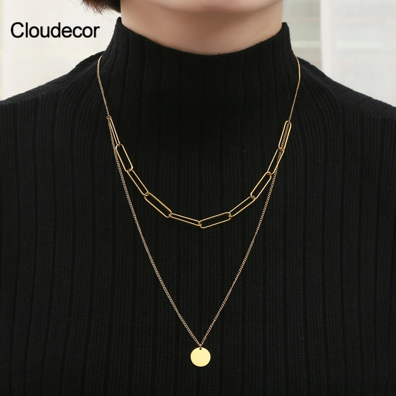 

Double Layer Necklace Disc Pendant Gold Matching Sweater Chain Necklace Pendant Blanks Layered Necklace Stainless Steel For Wome, 18k gold plated