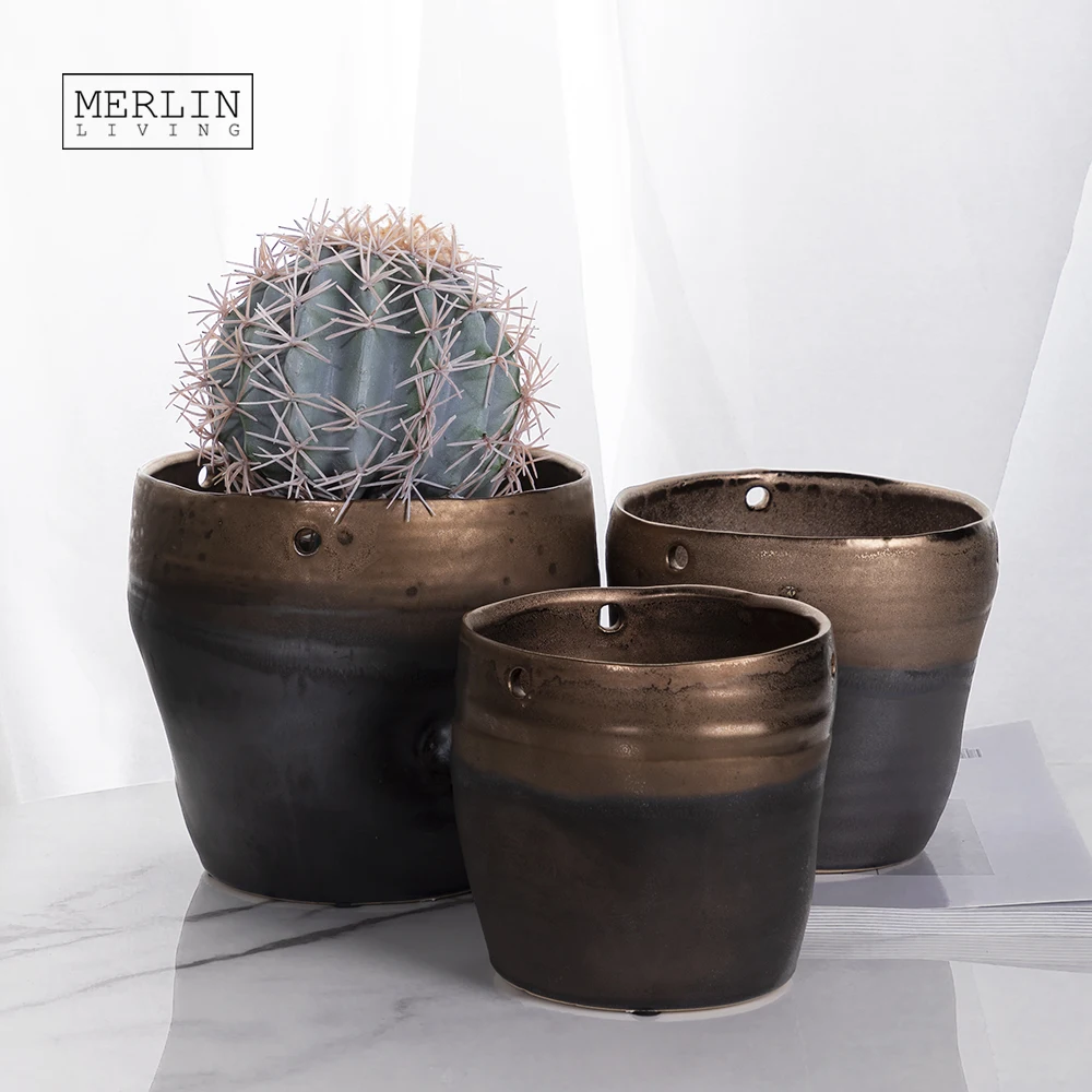 

Merlin Living Minimalist Metal Glaze Golden Flower Pot Planters Bulk ceramic decor with holes fo rmetal flower pot