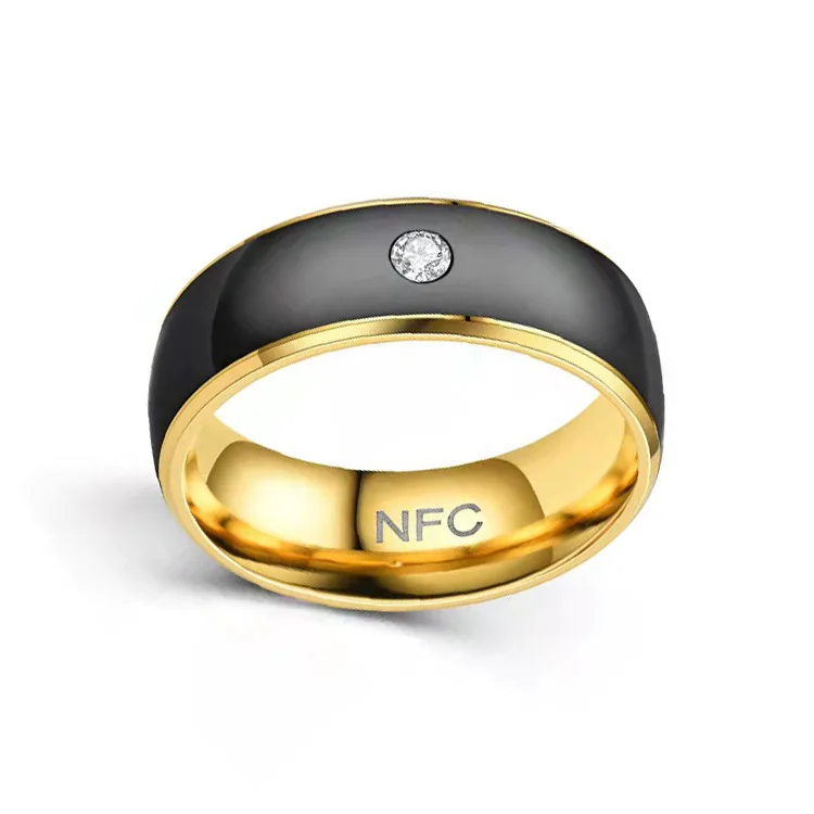 

Pure Color Micro Diamond Stainless Steel Couple Rings Mobile Android-Use Waterproof Multi-Functional NFC Smart Ring for Men, Silver, gold, black, blue