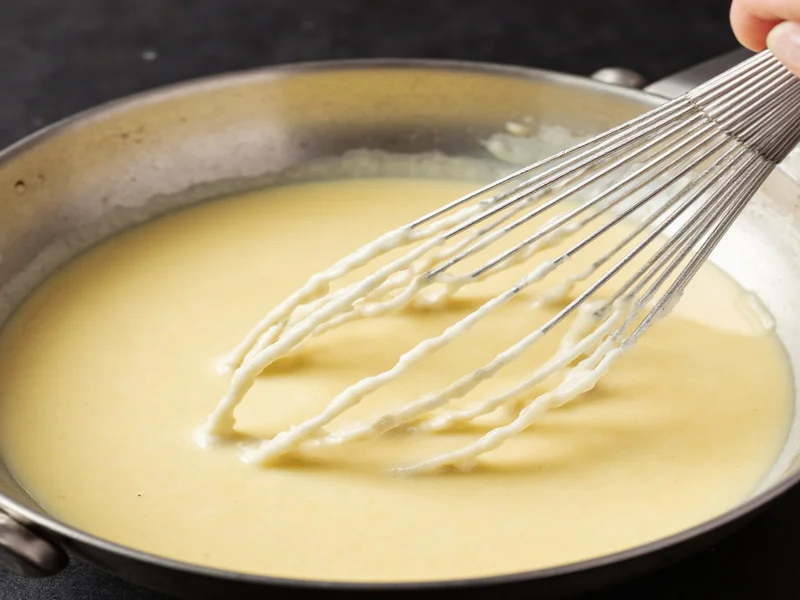 Smooth alfredo sauce being whisked in stainless steel pan