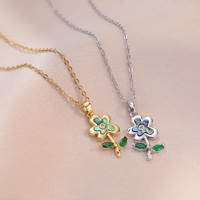 

Vintage Crystal Enamel Flower Pendant Titanium Steel Chain Necklace For Women 2023