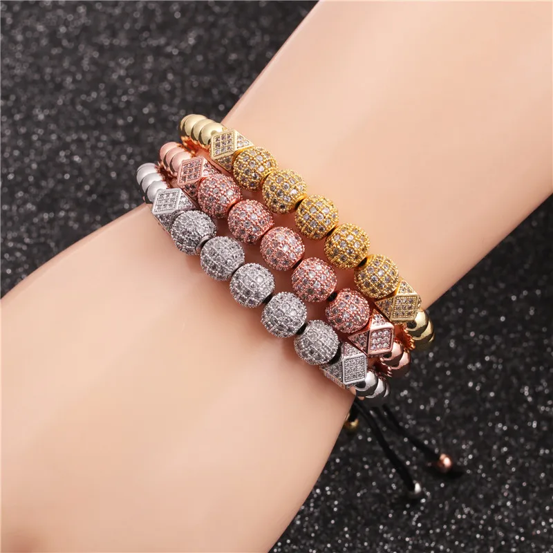 

2pcs/set Stainless steel bracelet copper beads cz drill ball woven adjustable bracelet men, Picture