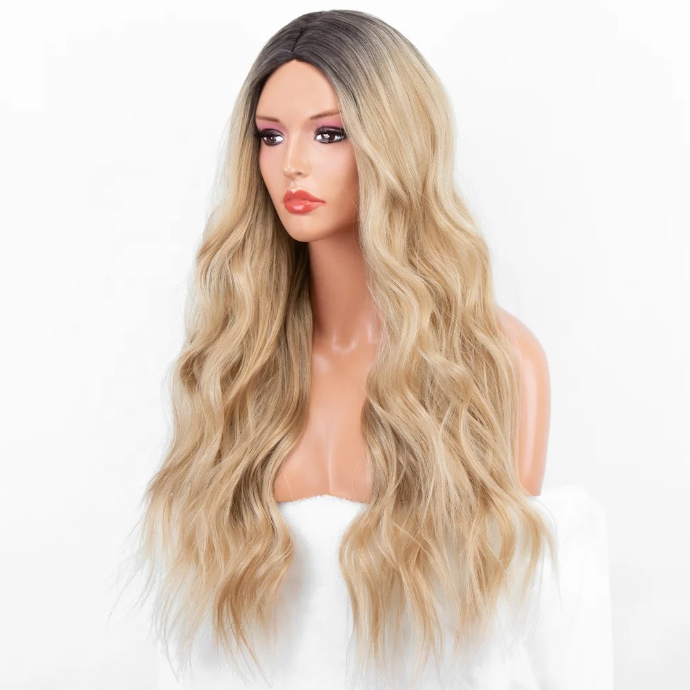 

Aliblisswig Natural Looking Dark Root Ombre Blonde Long Wavy Middle Part Heat OK Fiber Hair None Lace Synthetic Wigs
