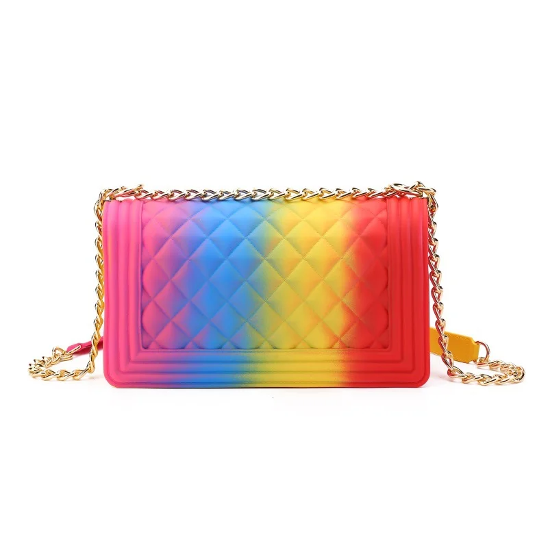 

2021 new design ladies rainbow gradient diamond jelly handbag thick chain diagonal unit price small square bag
