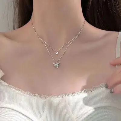 

925 silver Korean Shiny Butterfly Ladies Exquisite Double Layer Clavicle Chain Heart Pendant 18k gold Necklace Jewelry Gift