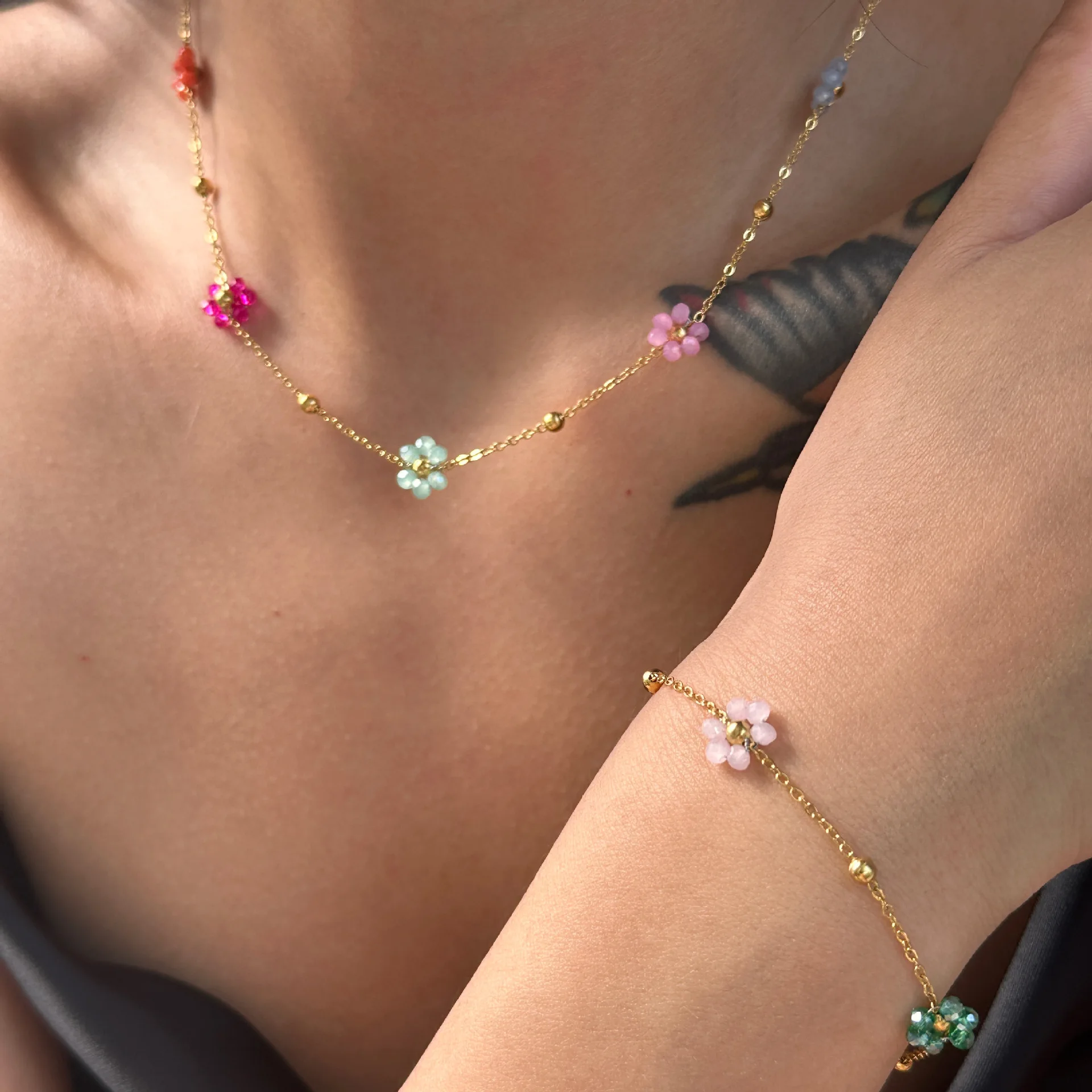 

Stainless steel Colorful Pink Pearl Beaded Bracelet Necklace Daisy Flower Beads Anklet Body Belly Waist Chain Jewelry Set