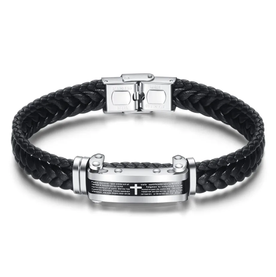 

2019 New Arrival Stainless Steel Braided Leather Bracelet for Men Women Leather Wrist Band Cuff Bangle Bracelet Magnetic Clasp, Black