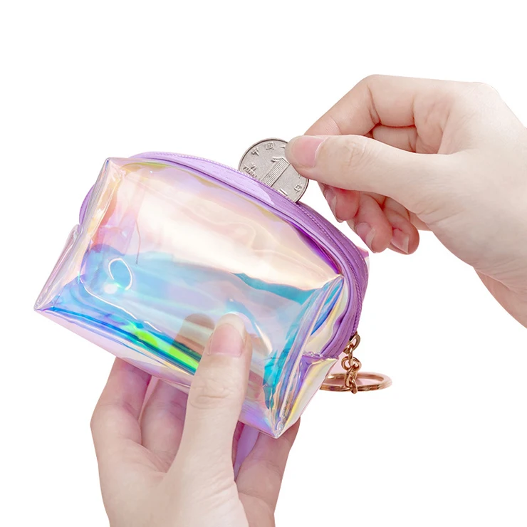 

Promotion Zipper Transparent Wallet Waterproof Clear Pvc Pouch Holographic Iridescent Laser Coin Purse With Metal Key Ring, Black,blue,red,pink and all kinds of colors customized