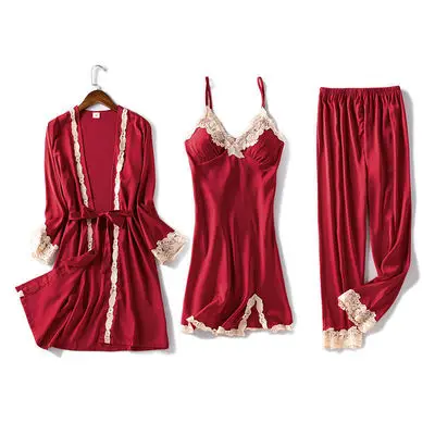 

Summer Hot Sale Lace Satin Ladies Silk Pajamas 5 Piece Set, 5 colors