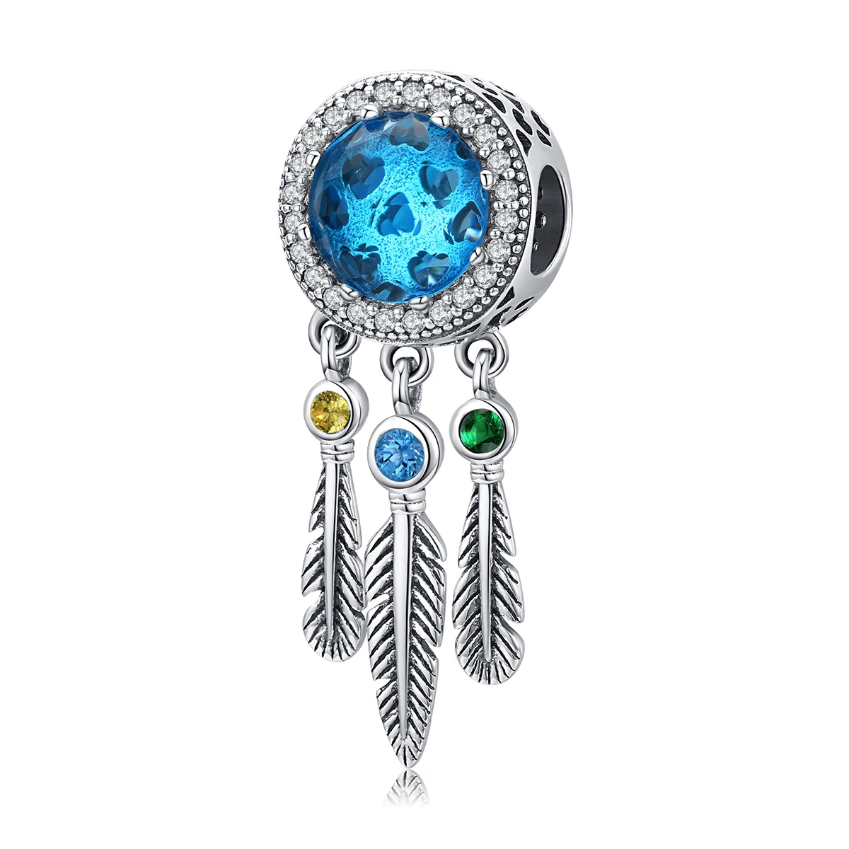 

BAMOER Dream Catcher Feather Long Glass Beads Charm fit Original 925 Women Bracelet Sterling Silver 925 Jewelry Making SCC1384, Blue