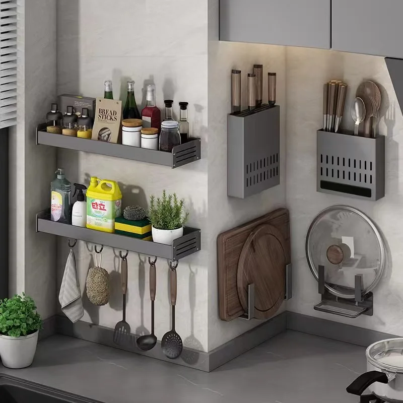 Gun gray kitchen storage rack no punching seasoning wall mounted knife holder  household multifunctional storage rack