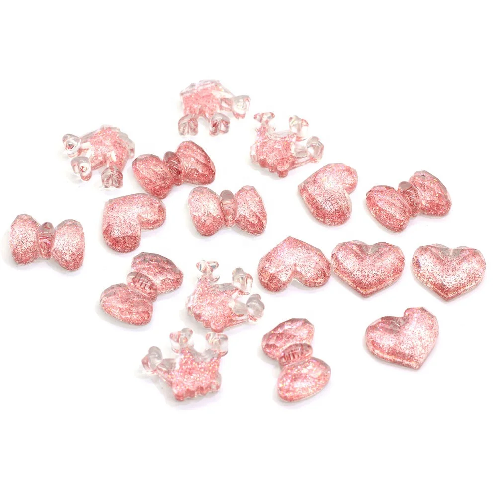 

Wholesale Kawaii Glitter Resin Heart Charms Cabochon DIY Resin Miniature Tiny Butterfly Knot Heart Crown Hair Clip Accessories, Picture