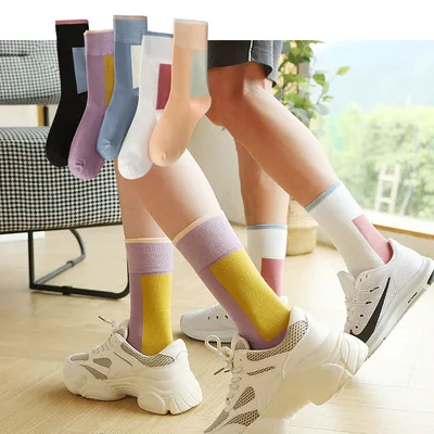 

sxx467 2021 spring women plaid long crew socks men color matching socks for couples, Picture