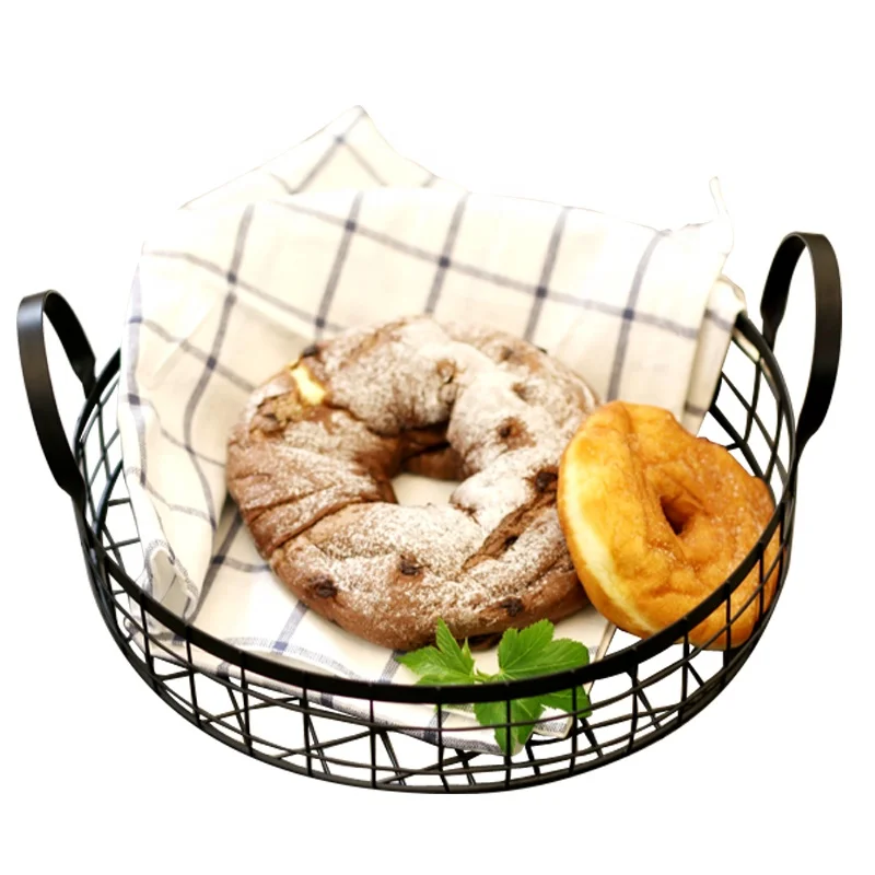

Commercial home decoration round iron bread basket with handle, Black/gold